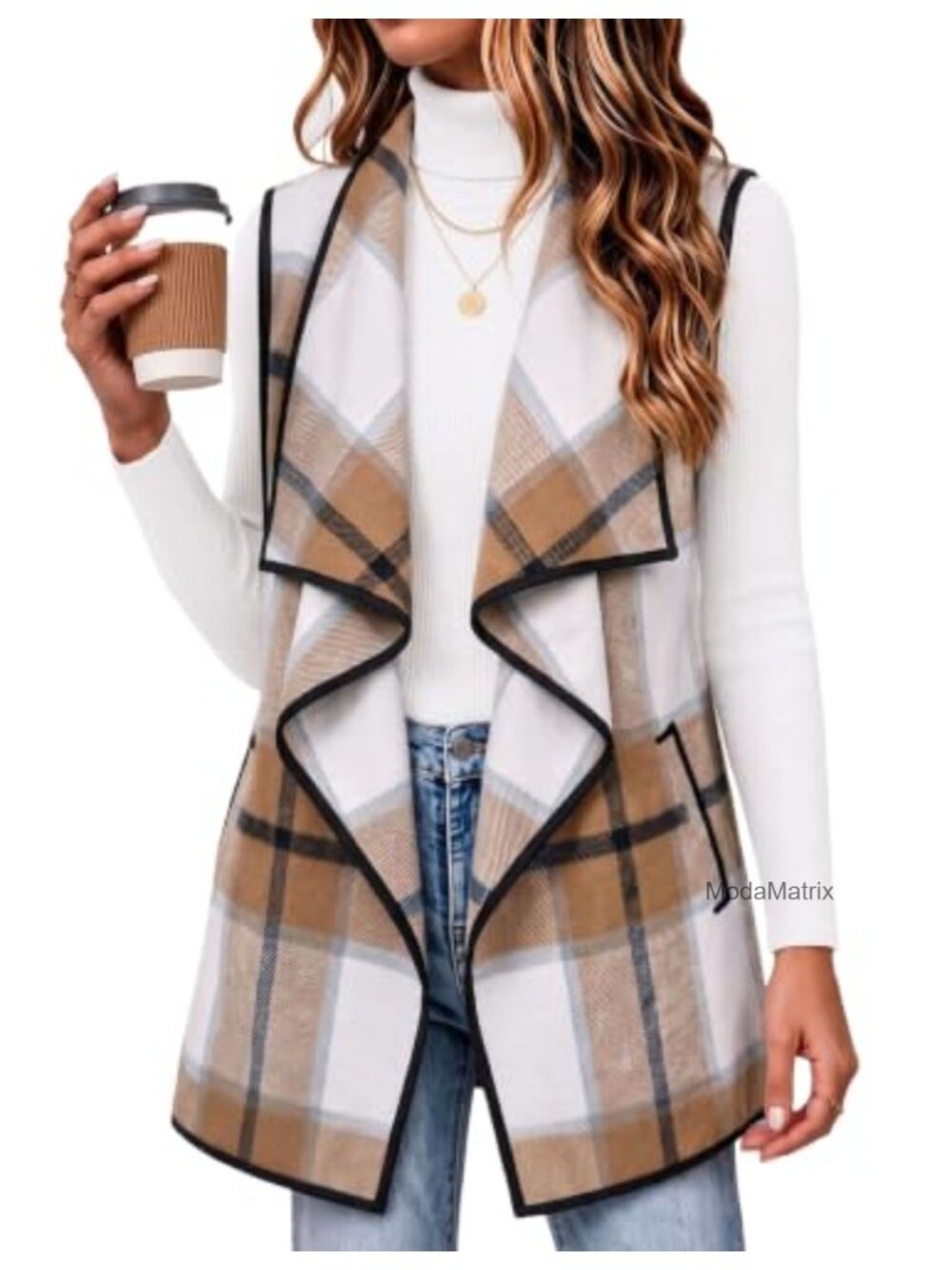 Women's Sleeveless Plaid Flannel Vest Long Open Front Layering Jacket with